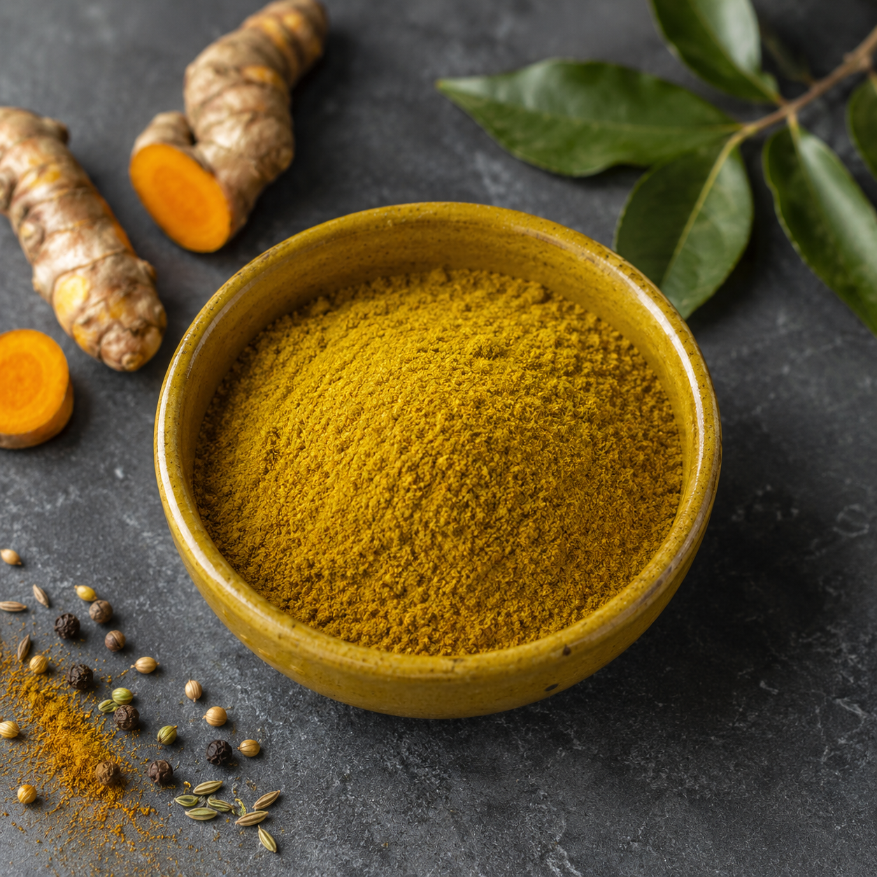 Ciotola gialla su piano nero con spezie e Curry non piccante da 40g, con polvere gialla, cucchiaio di legno, zenzero, aglio e peperoncino.