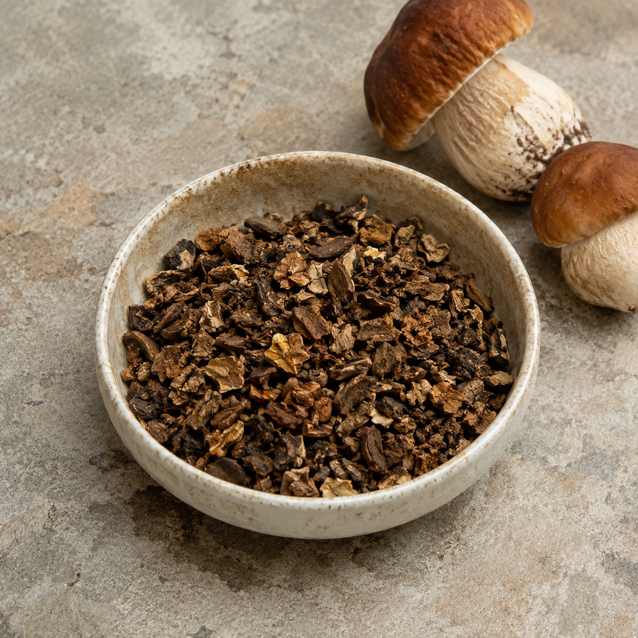 Ciotola in terracotta su piano di pietra contenente briciole di funghi porcini essiccati marroni.