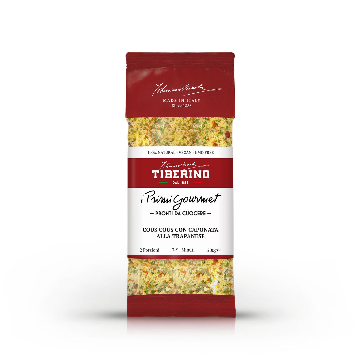 Confezione rossa opaca di couscous Tiberino 1888 con caponata alla Trapanese, 200g, pronta da cuocere.