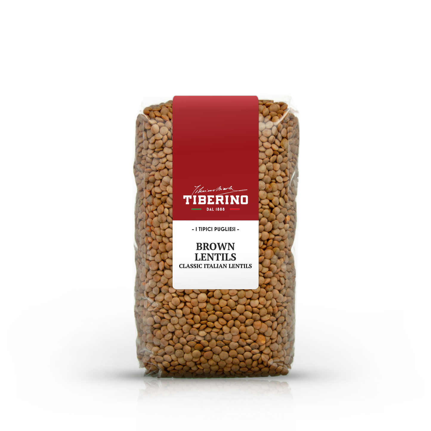 Sacchetto trasparente di lenticchie brune Tiberino 1888 con etichetta rossa e bianca, "Brown Lentils".