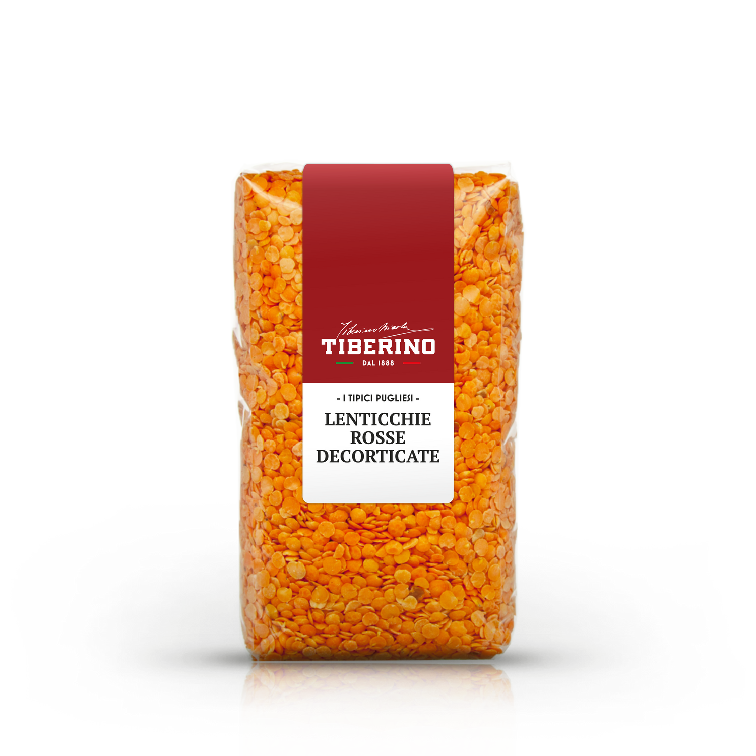 Sacchetto trasparente di lenticchie rosse decorticate Tiberino 1888 con etichetta rossa e bianca.