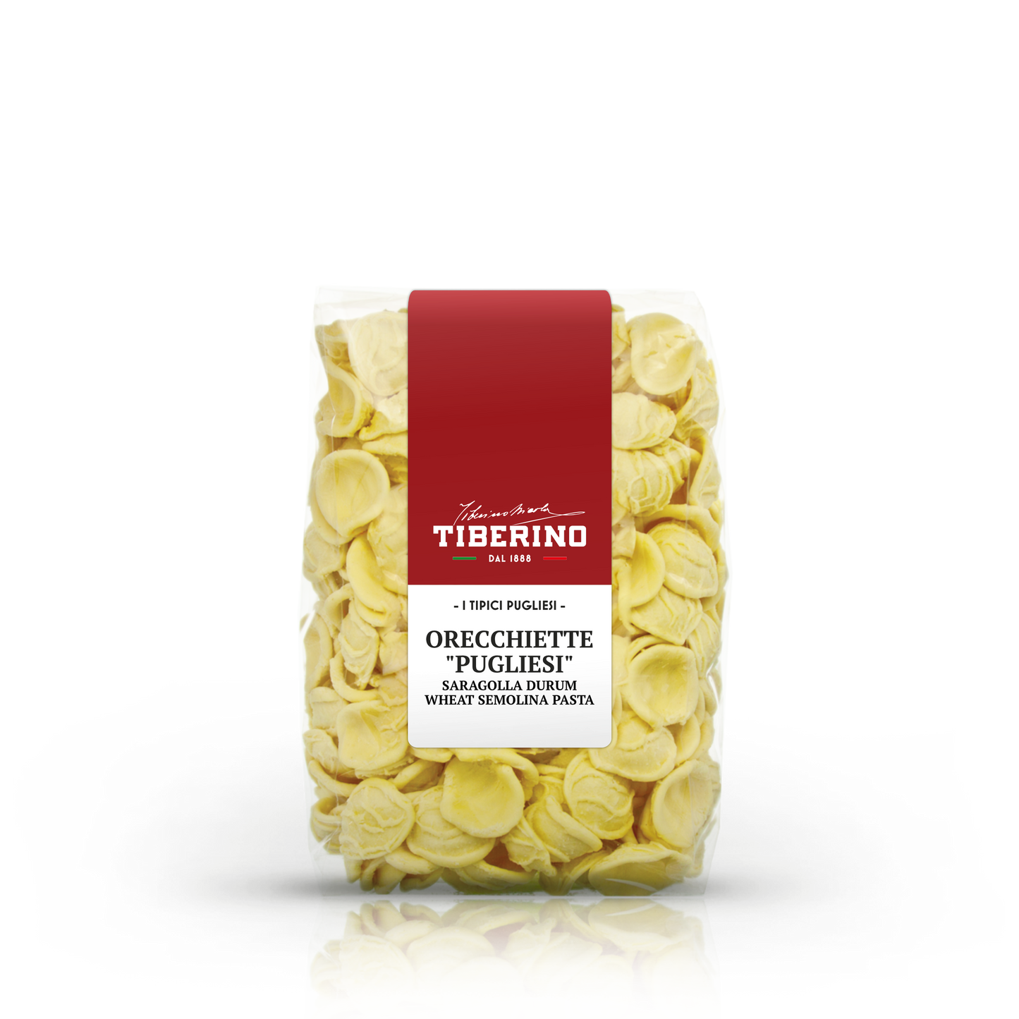 Confezione trasparente di Orecchiette Pugliesi Saragolla di semola di grano duro Tiberino 1888, etichetta rossa.