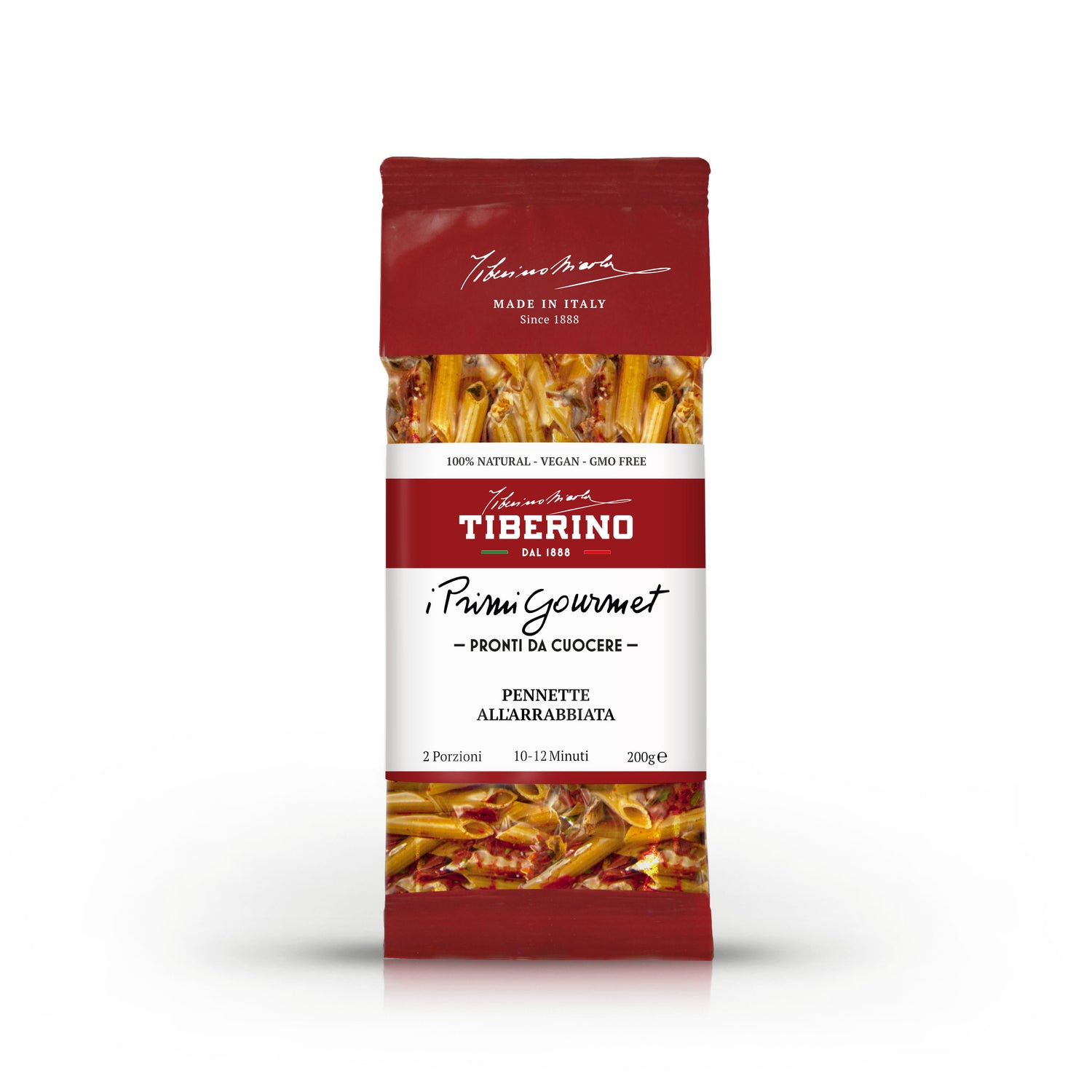 Confezione rossa di Pennette all'Arrabbiata Tiberino 1888, 200g, con finestra trasparente che mostra la pasta.