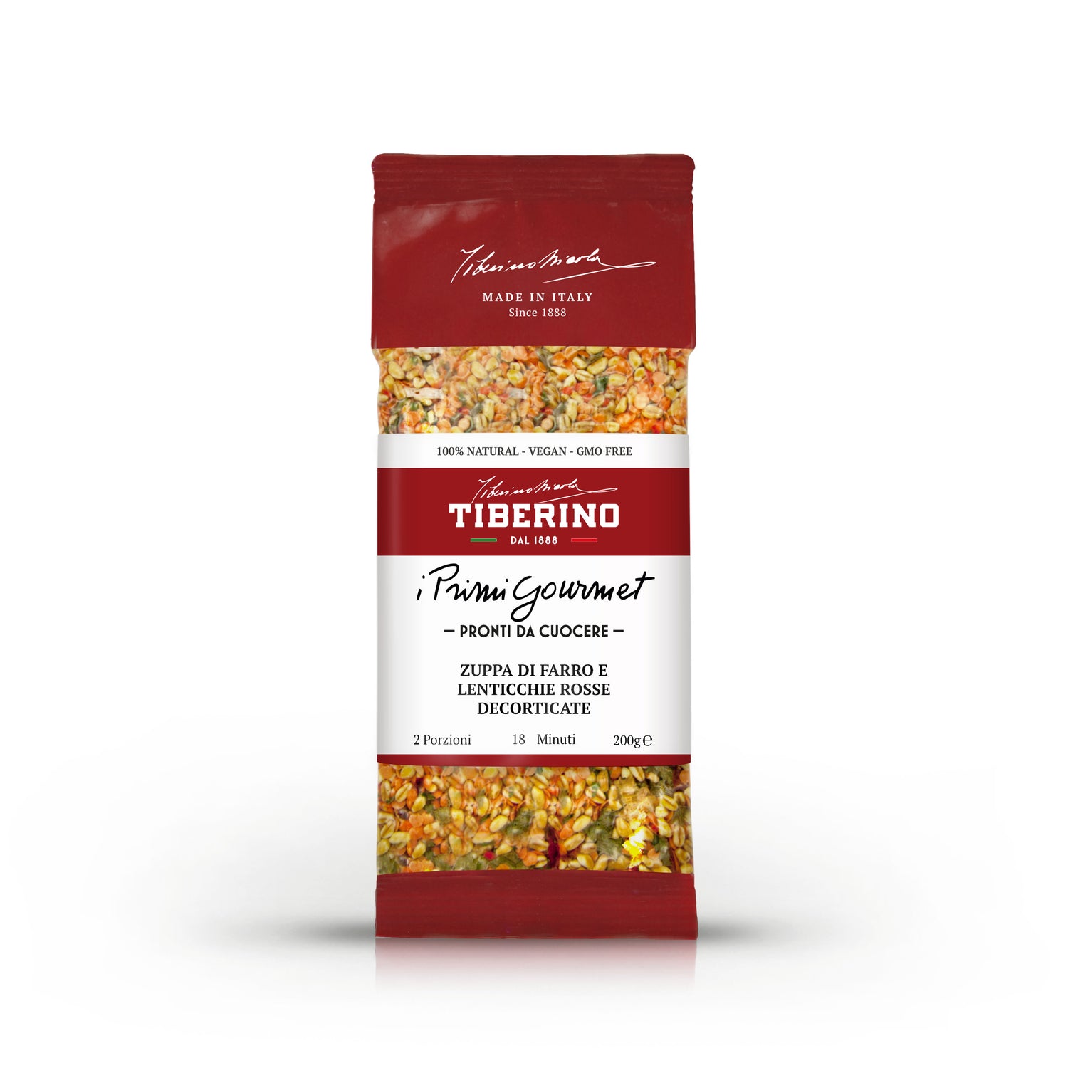 Confezione rossa opaca Tiberino 1888 di Zuppa di Farro e Lenticchie Rosse Decorticate, con finestra trasparente che mostra gli ingredienti secchi.