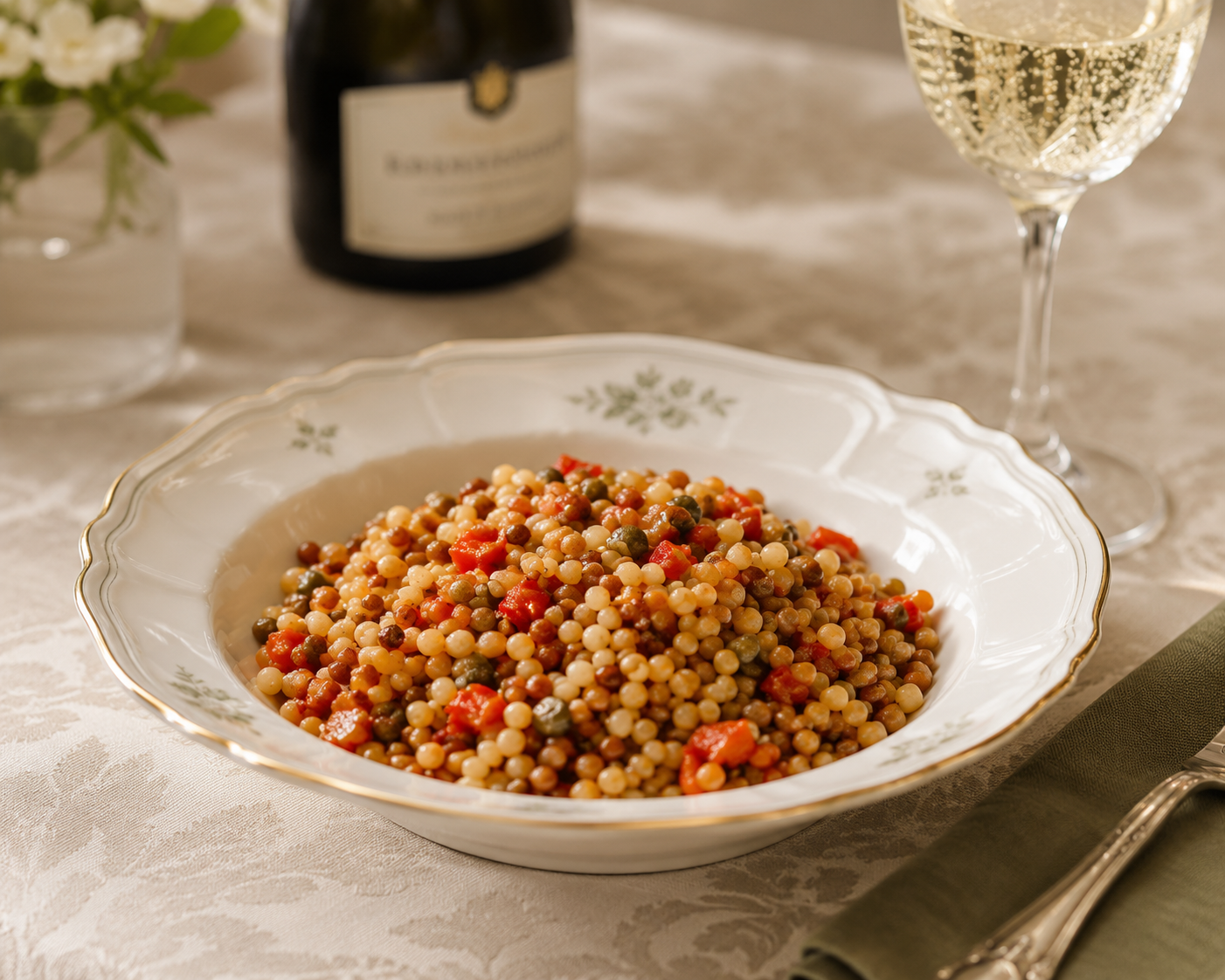 piatto di fregola sarda ai peperoni con calice di vino bianco su tavola apparecchaitta