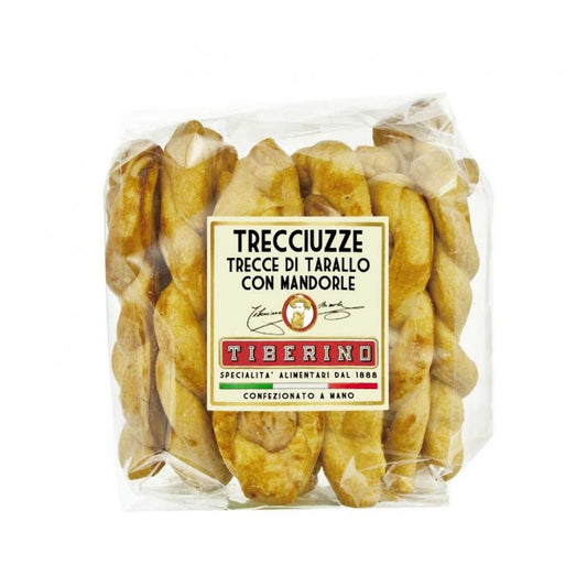Taralli 'Trecciuzze' (Italian braided salty biscuits) with two whole almonds