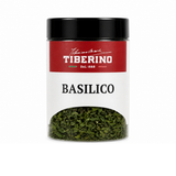 Barattolo trasparente di Basilico Liofilizzato Tiberino 1888 con etichetta rossa e beige
