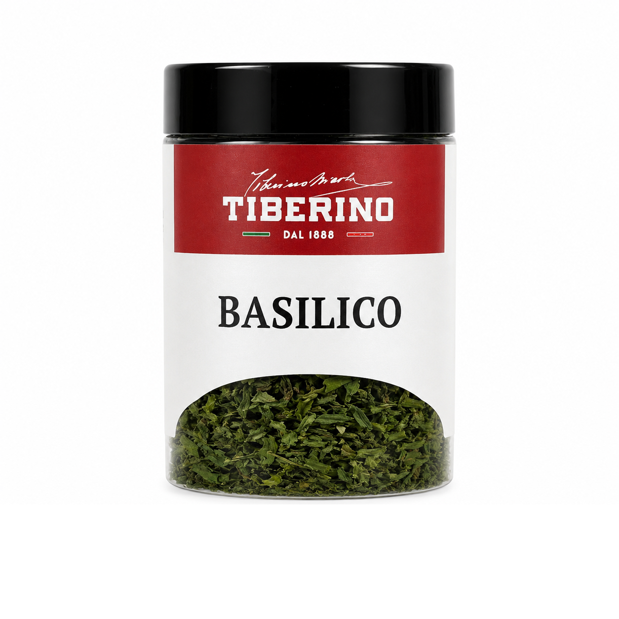 Barattolo trasparente di Basilico Liofilizzato Tiberino 1888 con etichetta rossa e beige
