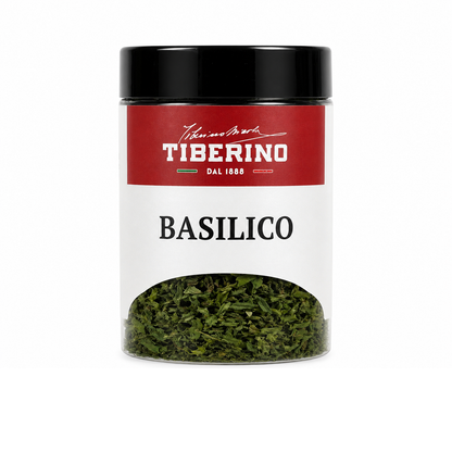Barattolo trasparente di Basilico Liofilizzato Tiberino 1888 con etichetta rossa e beige