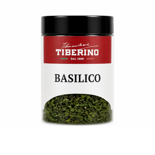 Barattolo trasparente di Basilico Liofilizzato Tiberino 1888 con etichetta rossa e beige