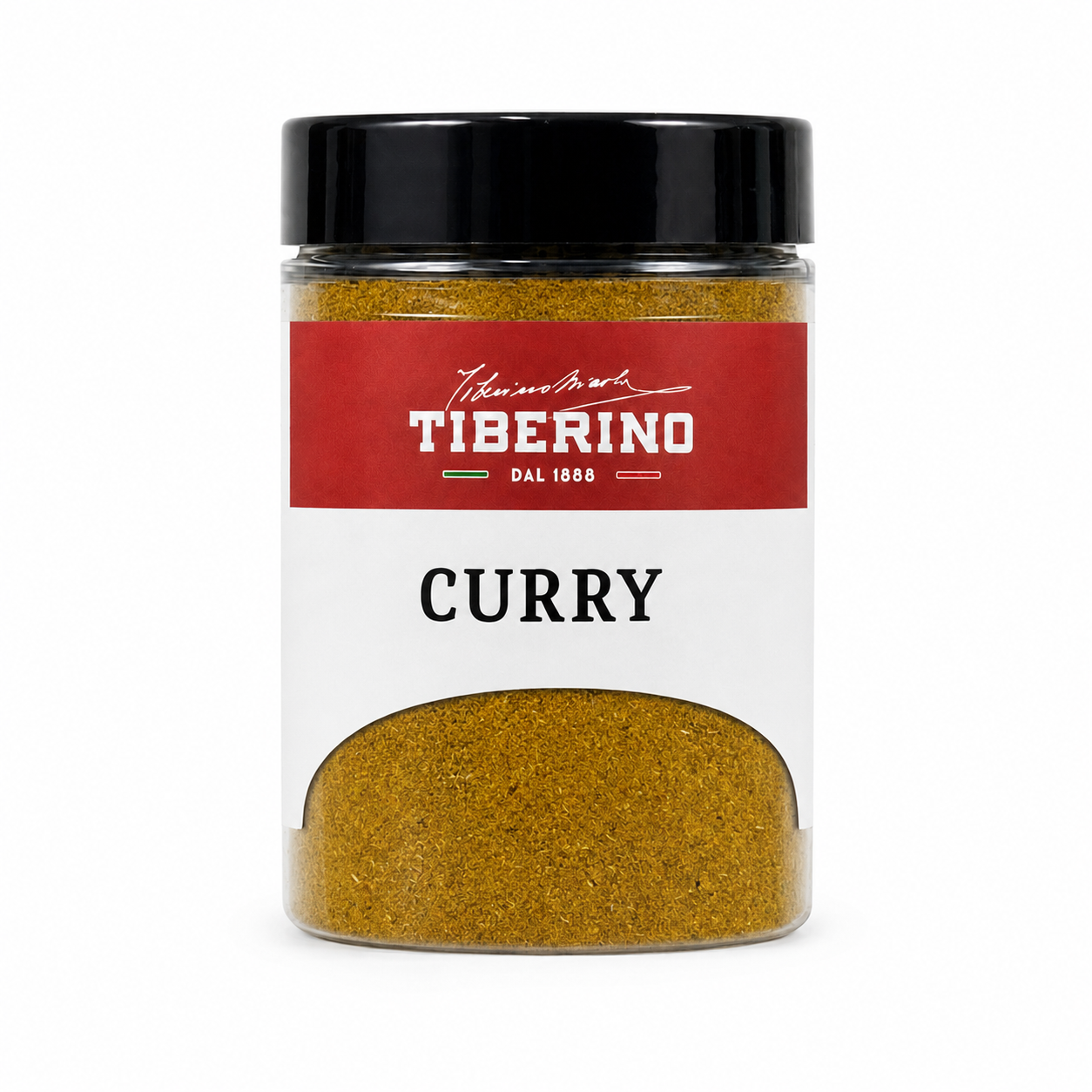 Barattolo trasparente Tiberino 1888 Curry non piccante da 40g, con polvere gialla, cucchiaio di legno, zenzero, aglio e peperoncino.