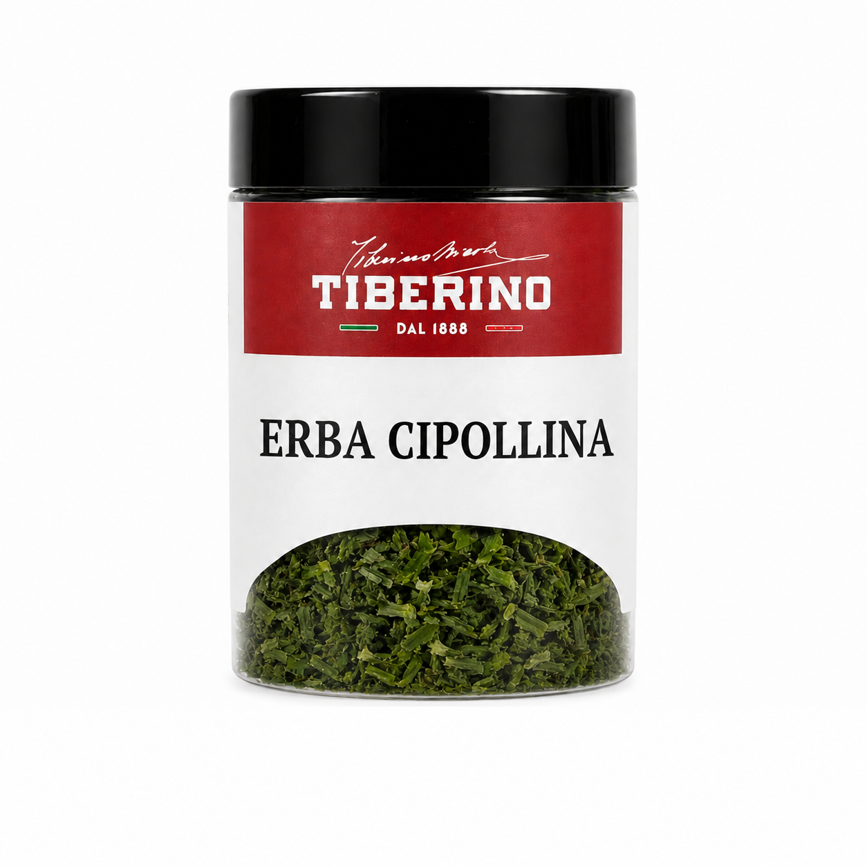 Barattolo trasparente Tiberino 1888 di erba cipollina essiccata CON ETICHETTA BIANCA E ROSSA