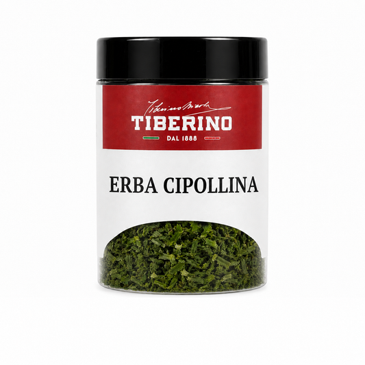 Barattolo trasparente Tiberino 1888 di erba cipollina essiccata CON ETICHETTA BIANCA E ROSSA