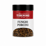 Barattolo trasparente di funghi porcini Tiberino 1888 da 30g, con etichetta rossa e nera