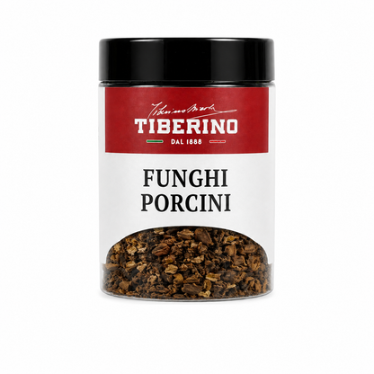 Barattolo trasparente di funghi porcini Tiberino 1888 da 30g, con etichetta rossa e nera