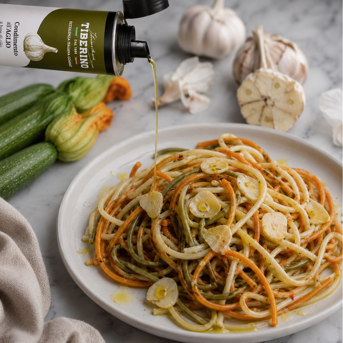PIATTO DI SPAGHETTI CONDITO CON OLIO ALL'AGLIO
