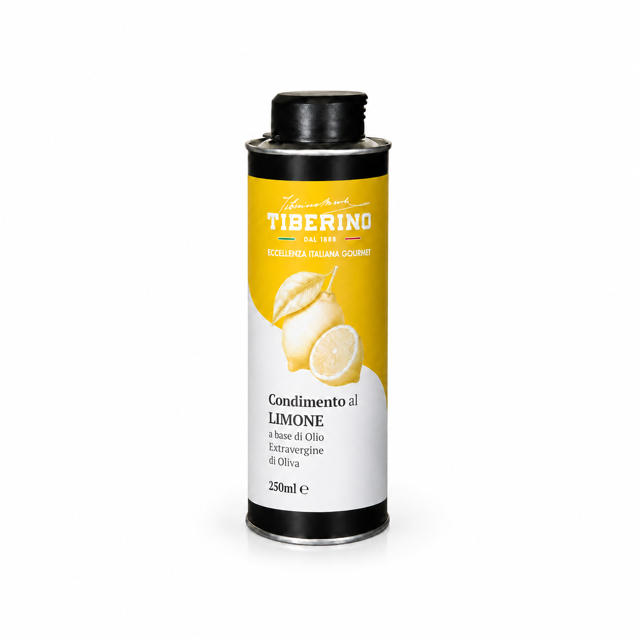 Lattina nera opaca Tiberino 1888 da 250ml di Condimento al Limone, con etichetta gialla e bianca raffigurante un limone intero e uno tagliato.