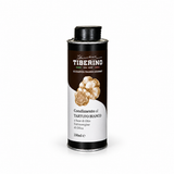Lattina cilindrica nera da 250ml di Condimento al Tartufo Bianco Tiberino 1888 con tappo nero, etichetta bianca e illustrazione di tartufi bianchi.