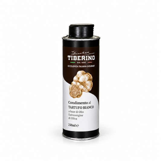 Lattina cilindrica nera da 250ml di Condimento al Tartufo Bianco Tiberino 1888 con tappo nero, etichetta bianca e illustrazione di tartufi bianchi.