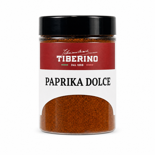 Barattolo trasparente Tiberino 1888 di paprika dolce affumicata su sfondo bianco