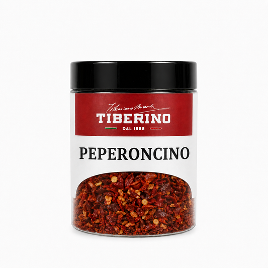 Barattolo trasparente di Peperoncino Frantumato Tiberino 1888 da 30g, con etichetta rossa e nera