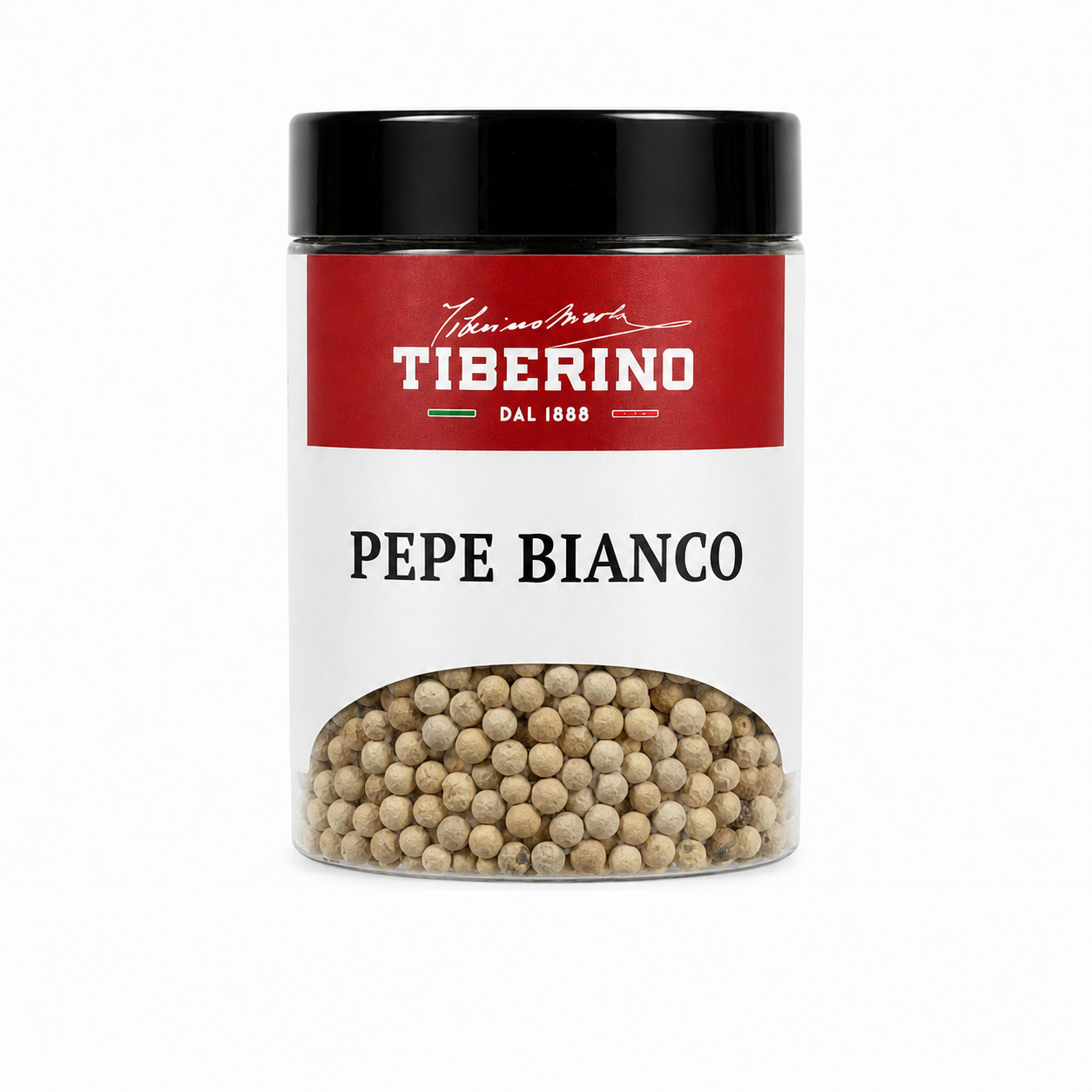Barattolo trasparente Tiberino 1888 con pepe bianco in grani, tappo nero, etichetta rossa e beige