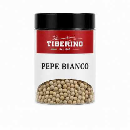 Barattolo trasparente Tiberino 1888 con pepe bianco in grani, tappo nero, etichetta rossa e beige