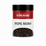 Barattolo trasparente Tiberino 1888 con pepe nero in grani, tappo nero, etichetta rossa e beige