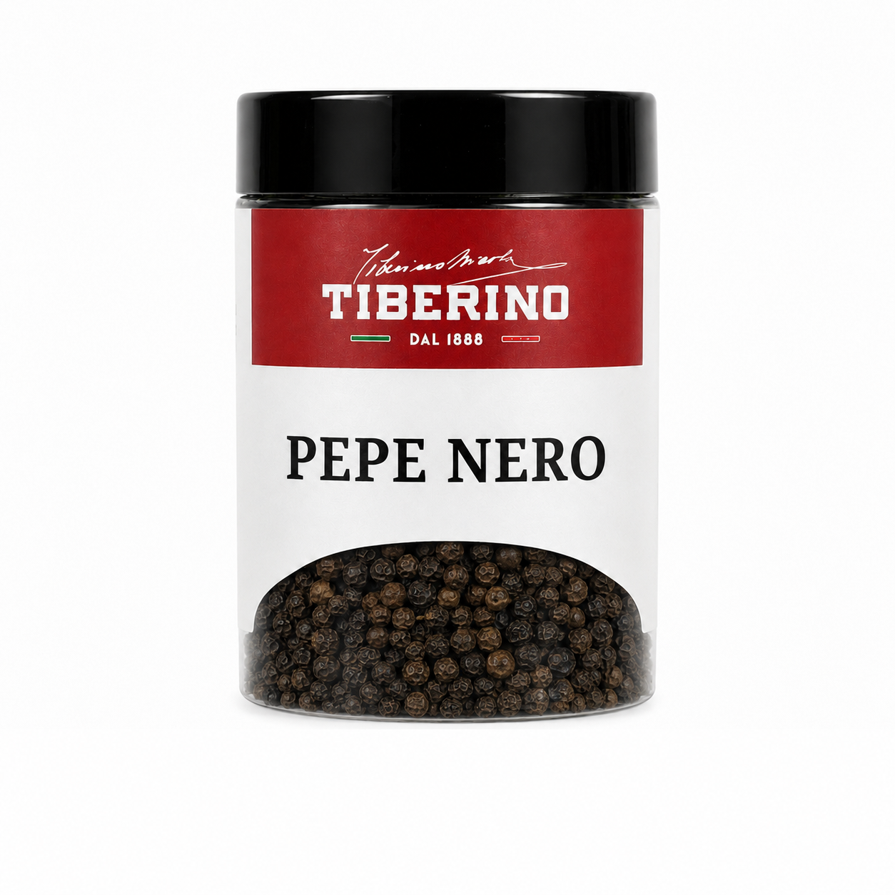 Barattolo trasparente Tiberino 1888 con pepe nero in grani, tappo nero, etichetta rossa e beige