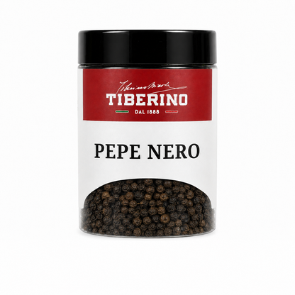 Barattolo trasparente Tiberino 1888 con pepe nero in grani, tappo nero, etichetta rossa e beige