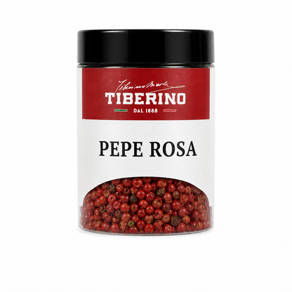 Barattolo trasparente Tiberino 1888 con pepe rosa in grani, tappo nero, etichetta rossa e beige