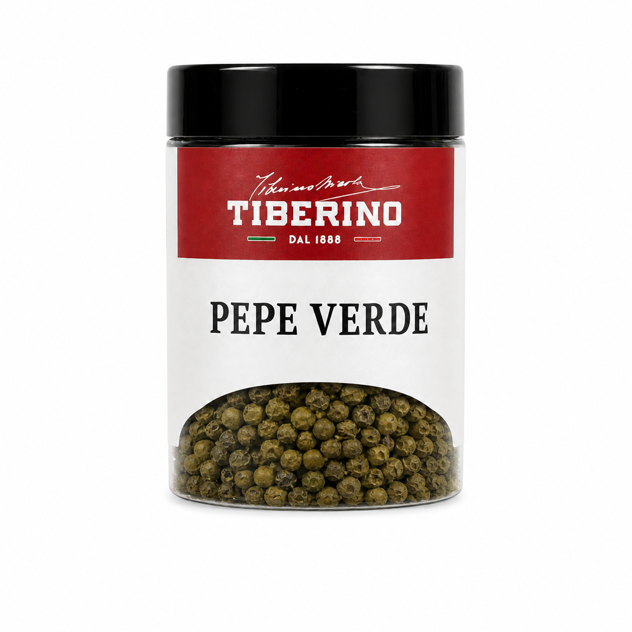 Barattolo trasparente Tiberino 1888 con pepe verde in grani, tappo nero, etichetta rossa e beige