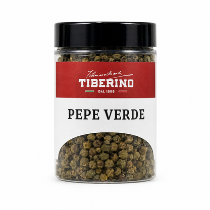 Barattolo trasparente Tiberino 1888 con pepe verde in grani, tappo nero, etichetta rossa e beige