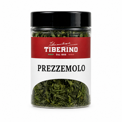 Barattolo trasparente Tiberino 1888 con prezzemolo secco verde, tappo nero, etichetta rossa e beige