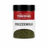 Barattolo trasparente Tiberino 1888 con prezzemolo secco verde, tappo nero, etichetta rossa e beige