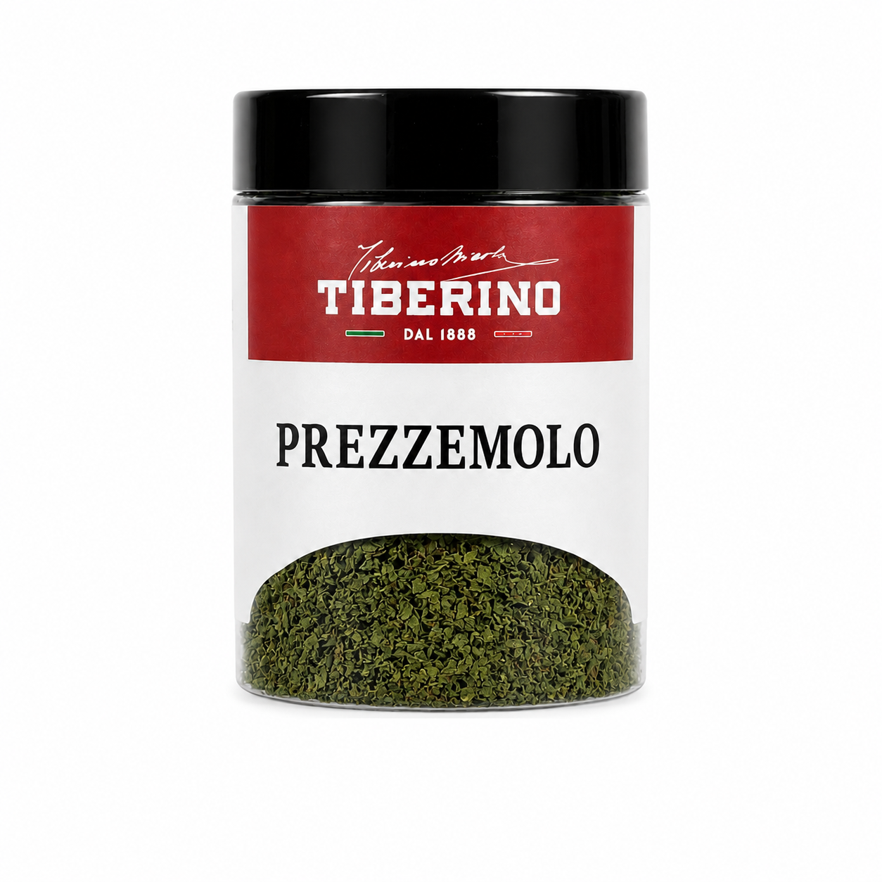 Barattolo trasparente Tiberino 1888 con prezzemolo secco verde, tappo nero, etichetta rossa e beige