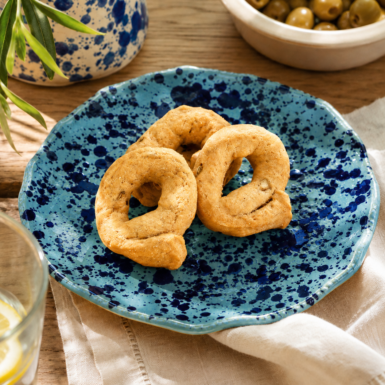 TARALLI PUGLIESI AI SEMI DI FINOCCHIO SU PIATTINO DI TERRACOTTA BLU CON POIS BLU SCURI SU TAVOLA DI LEGNO GREZZO E TOVAGLIOLO DI LINO