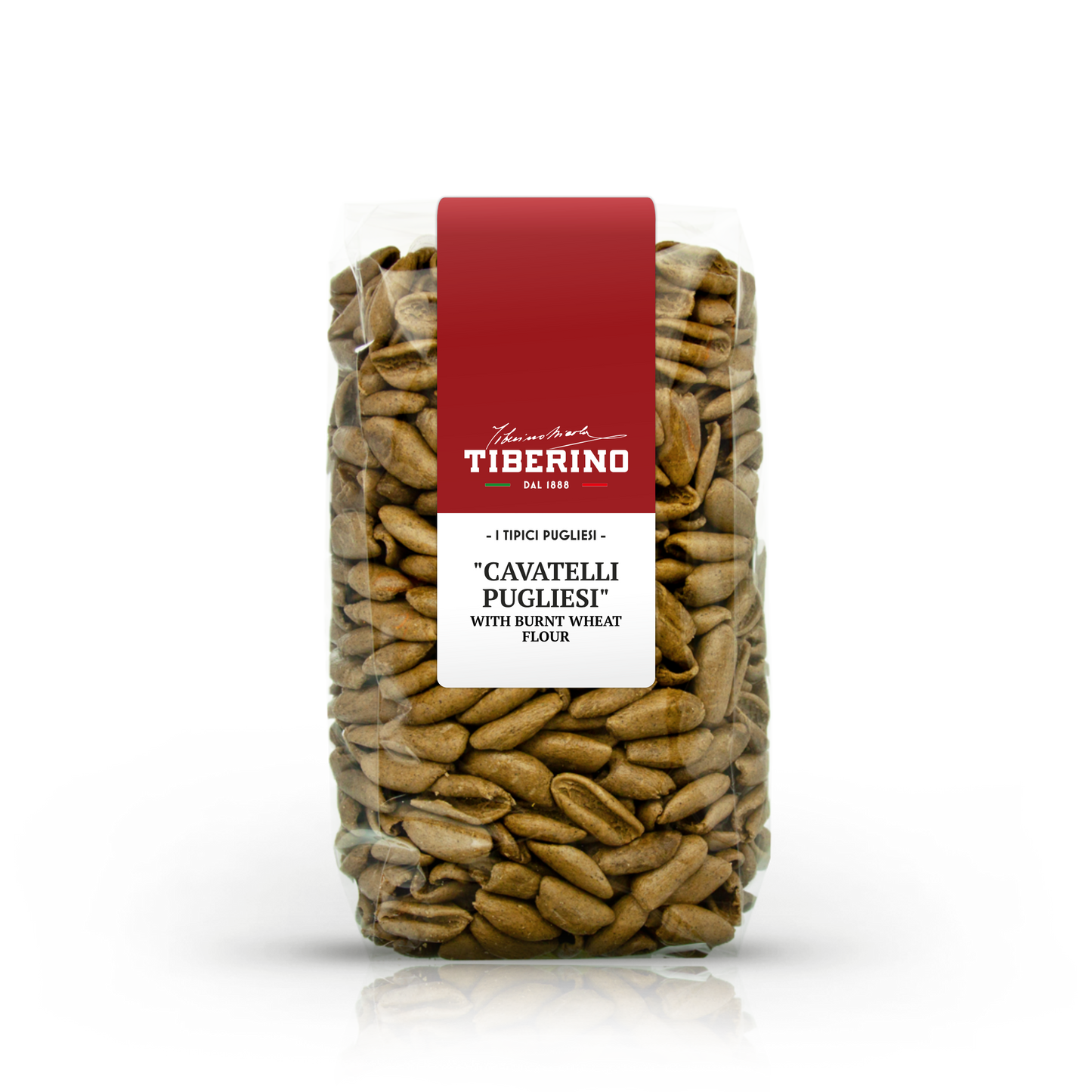 Confezione trasparente di Cavatelli Pugliesi al grano arso Tiberino 1888 con etichetta rossa e testo bianco.