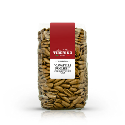 Confezione trasparente di Cavatelli Pugliesi al grano arso Tiberino 1888 con etichetta rossa e testo bianco.