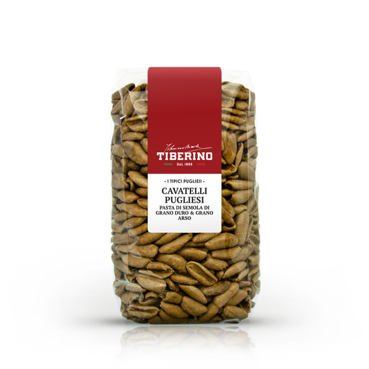 Confezione trasparente di Cavatelli Pugliesi Tiberino 1888, pasta di semola di grano duro e grano arso.