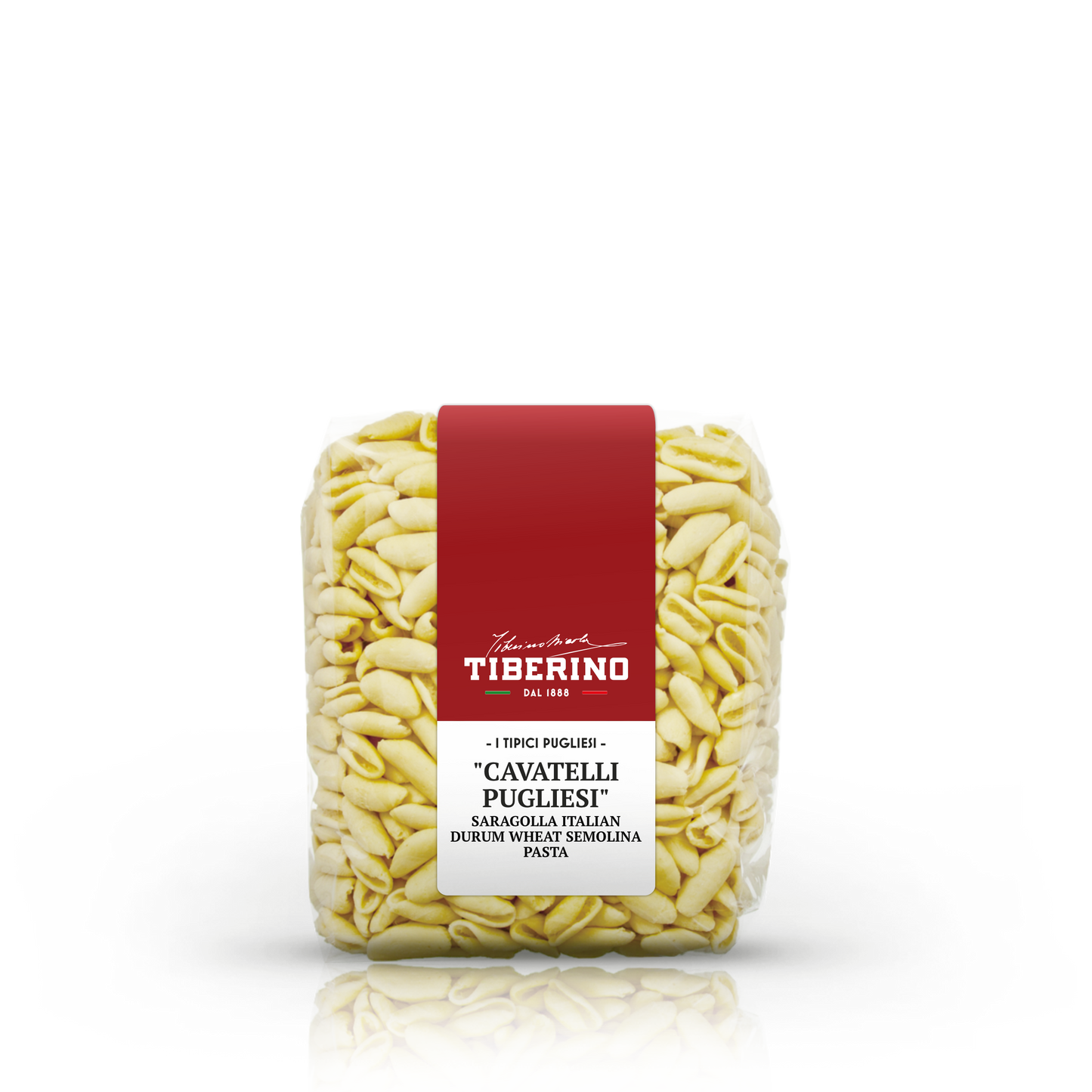 Confezione trasparente di Cavatelli Pugliesi Tiberino 1888, pasta di semola di grano duro Saragolla, con etichetta rossa.