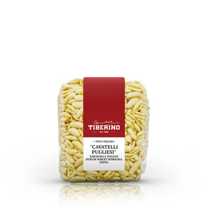 Confezione trasparente di Cavatelli Pugliesi Tiberino 1888, pasta di semola di grano duro Saragolla, con etichetta rossa.