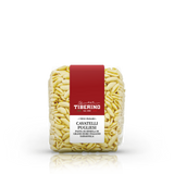 Confezione trasparente di Cavatelli Pugliesi Tiberino 1888, pasta di semola di grano duro italiano Saragolla, con etichetta rossa e beige.