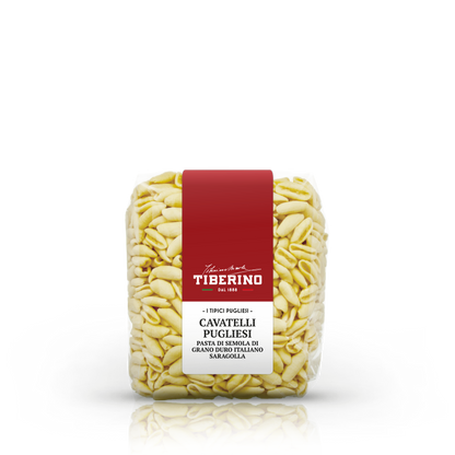 Confezione trasparente di Cavatelli Pugliesi Tiberino 1888, pasta di semola di grano duro italiano Saragolla, con etichetta rossa e beige.