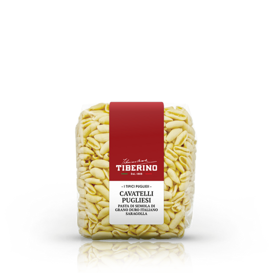Confezione trasparente di Cavatelli Pugliesi Tiberino 1888, pasta di semola di grano duro italiano Saragolla, con etichetta rossa e beige.
