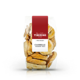 Confezione trasparente di ciambelle dolci "Gingerine" Tiberino 1888 con etichetta rossa e testo bianco.