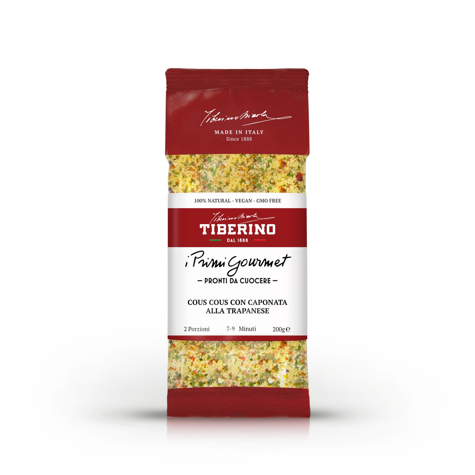 Confezione rossa opaca di couscous Tiberino 1888 con caponata alla Trapanese, 200g, pronta da cuocere.