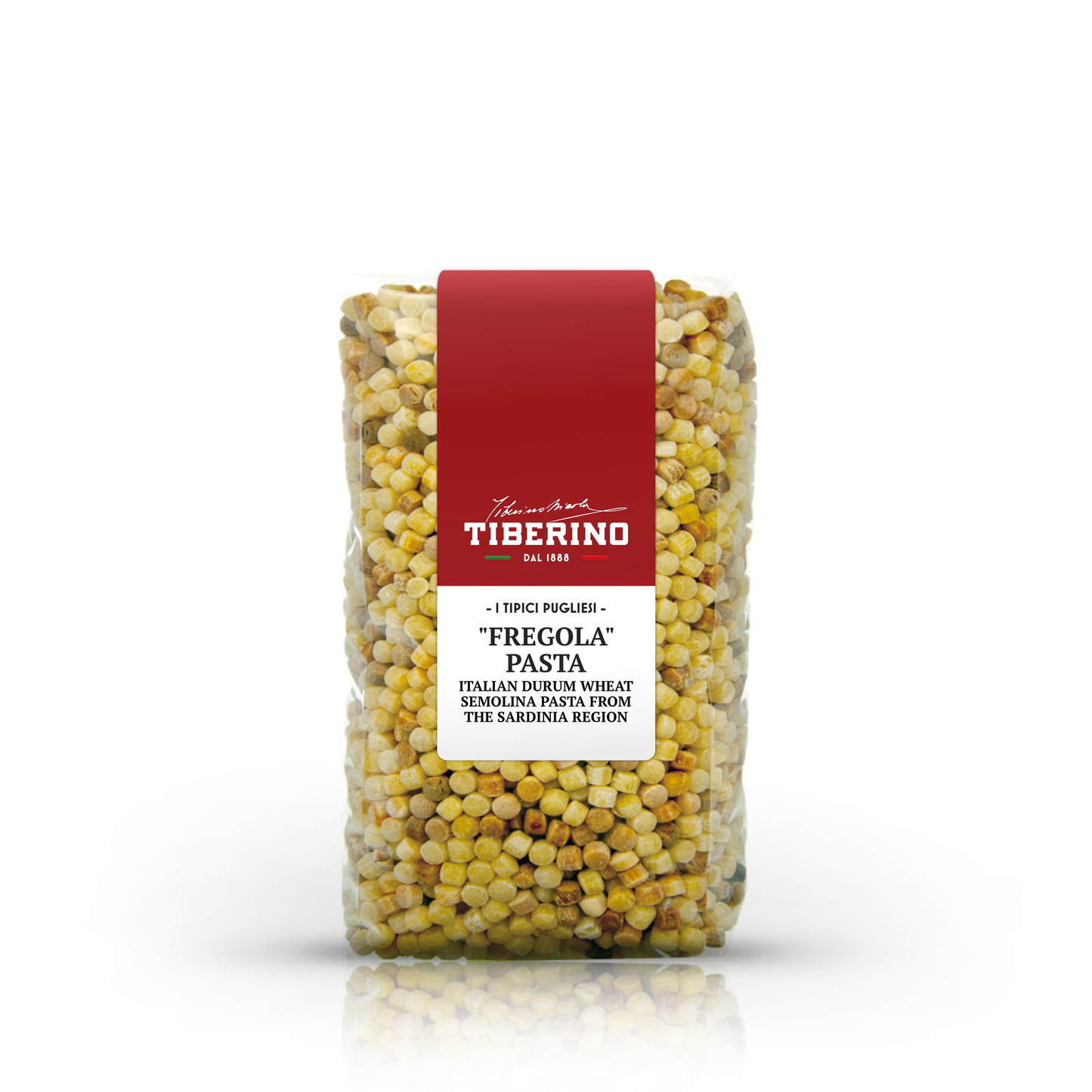 Confezione trasparente di Fregola Sarda Tiberino 1888, pasta di semola di grano duro, con etichetta rossa centrale.