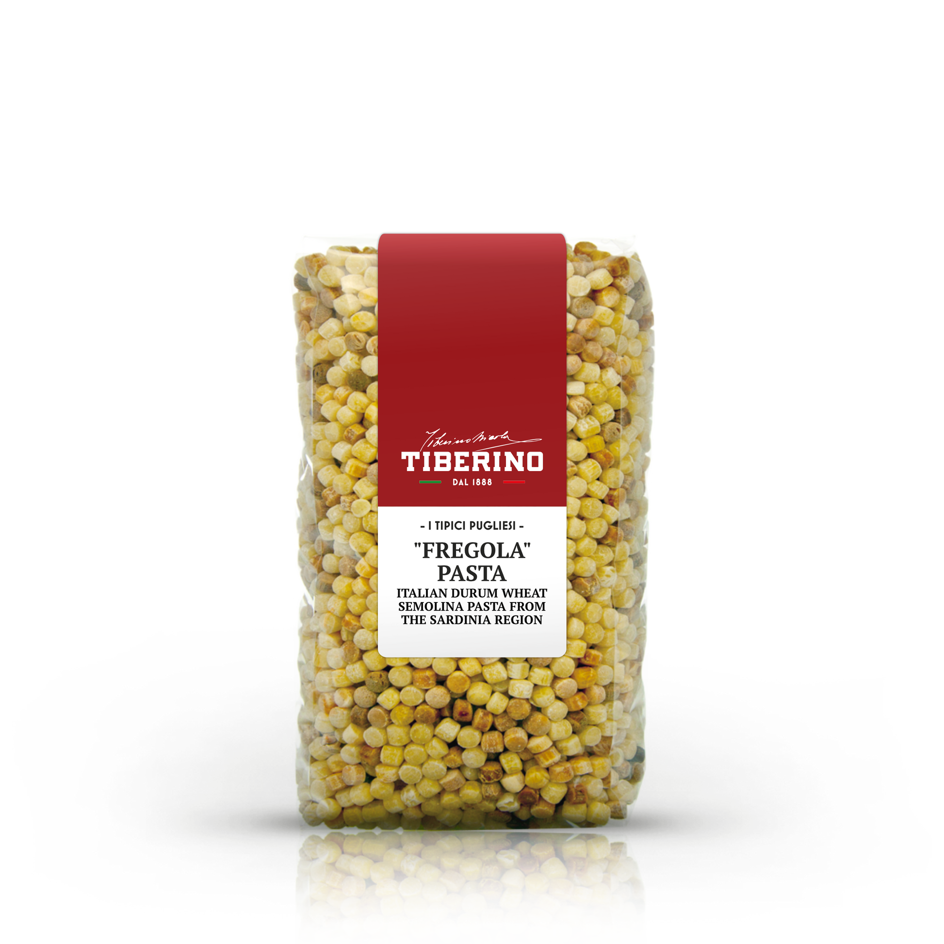Confezione trasparente di Fregola Sarda Tiberino 1888, pasta di semola di grano duro, con etichetta rossa centrale.