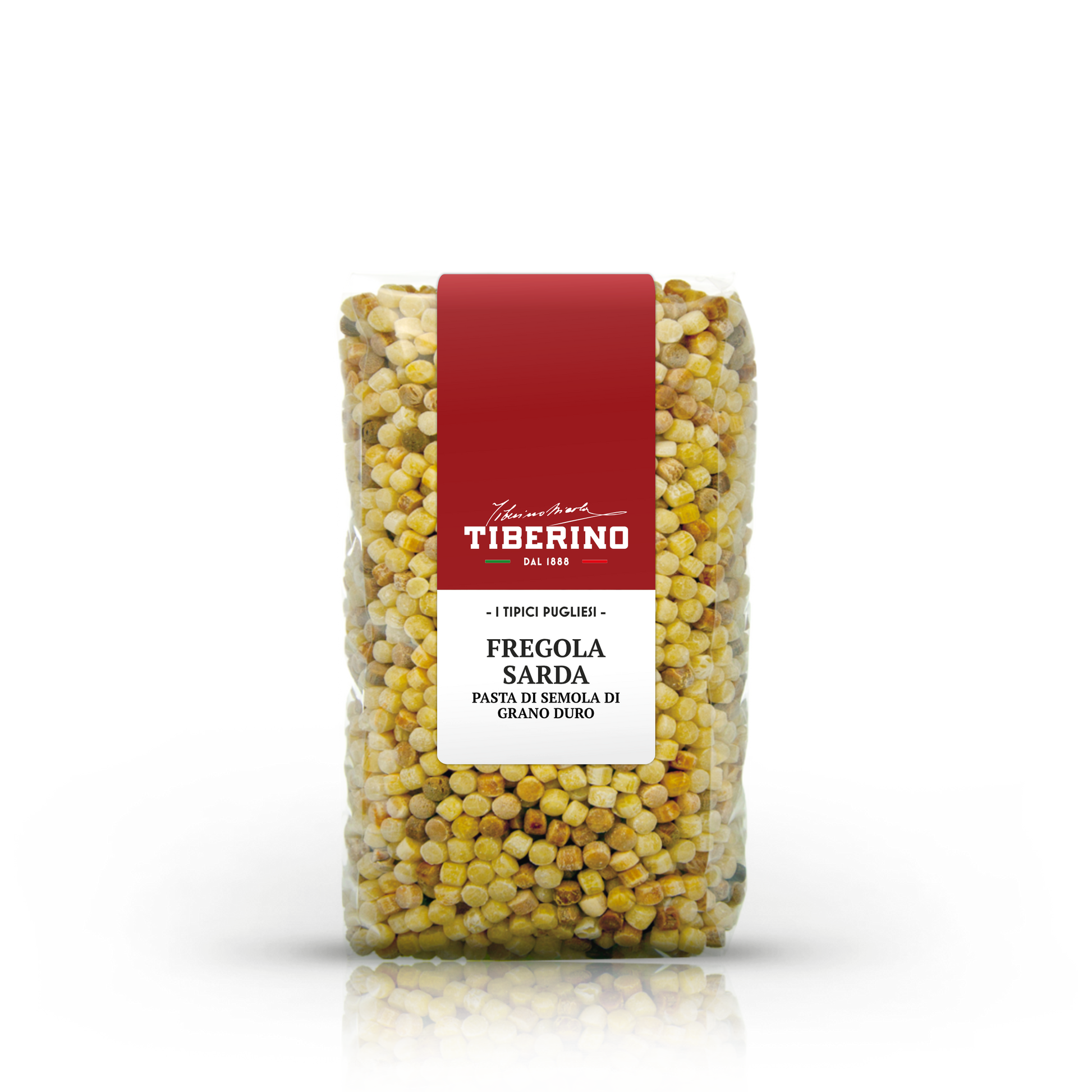 Confezione trasparente di Fregola Sarda Tiberino 1888, pasta di semola di grano duro, con etichetta rossa e bianca.